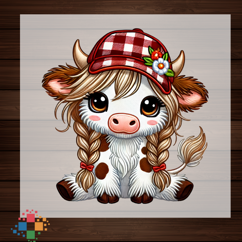 Red Checkered Hat Highland Cow