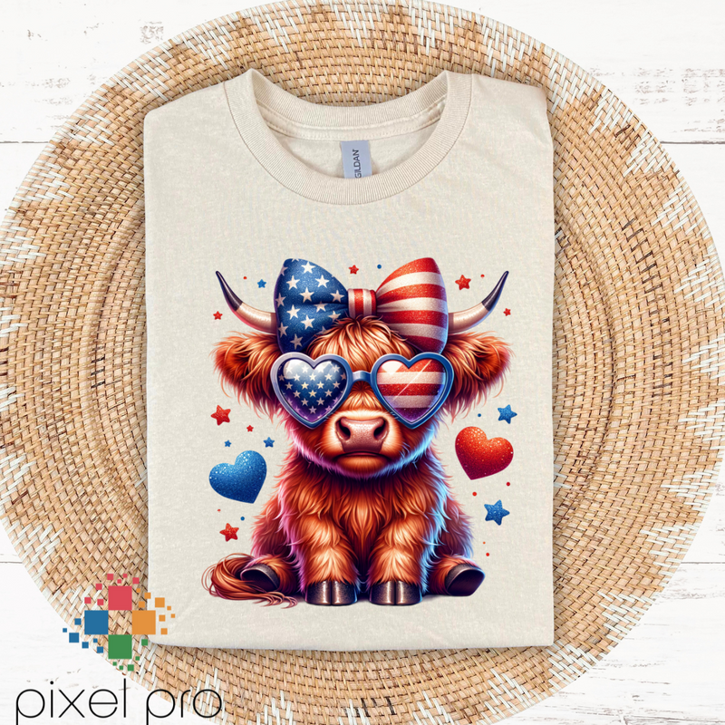 4th of July Girl Highland Cow with Bow and Shades