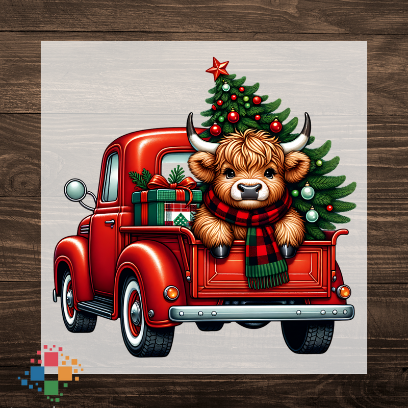 Red Truck with Highland Cow