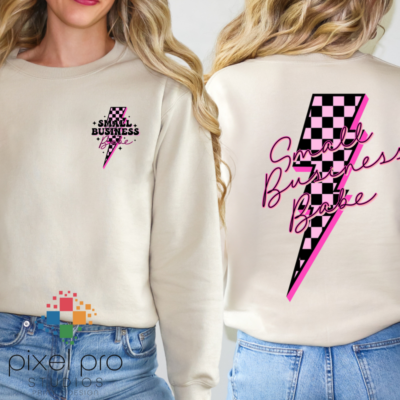 Small Business Owner with Pink Checkered Bolt