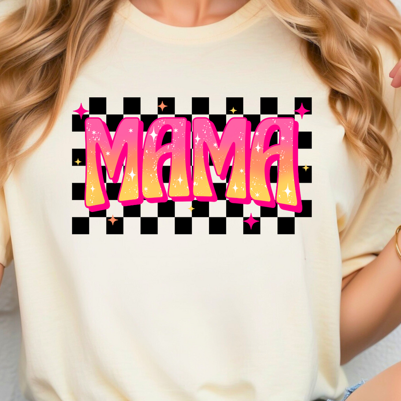 Pink and Orange Mama on Black Check