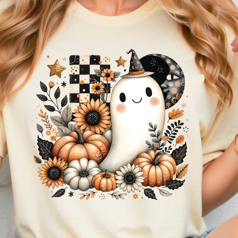 Checkered Moon Ghost with Pumpkins