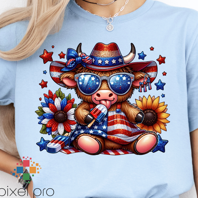 4th of July Highland Cow with Shades and Hat