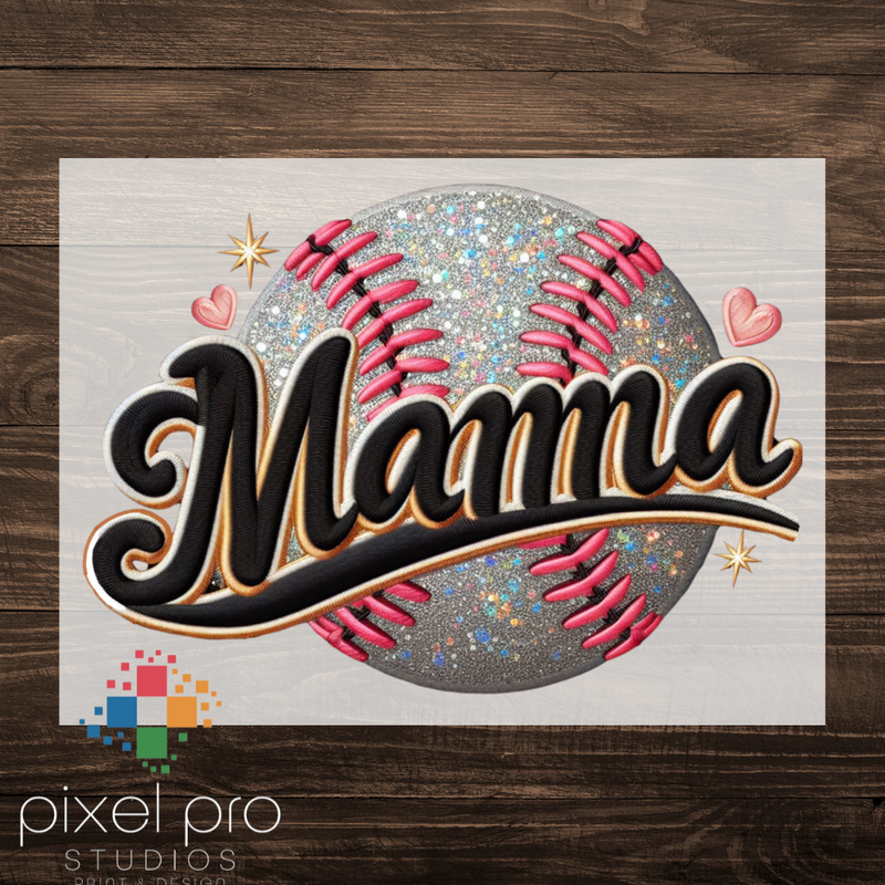 Mama on Glitter Baseball Pink stitch